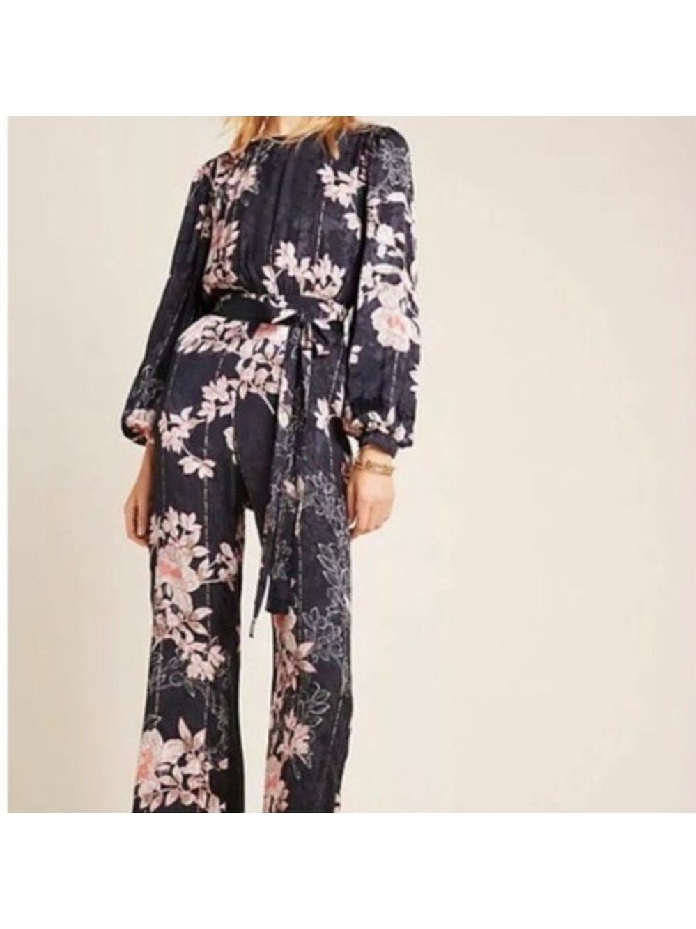 Anthropologie Jumpsuit Harlyn Audria Jacquard 100% Viscose SML Black Belted